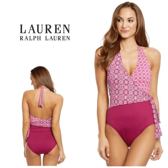 Lauren Ralph Lauren‎ maroon geometric tile print wrap top bathing suit size 4 - Picture 1 of 8
